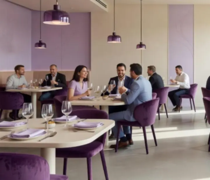 Elegáns, világos éttermi enteriőr a Distriict24-ben, megterített asztalokkal.