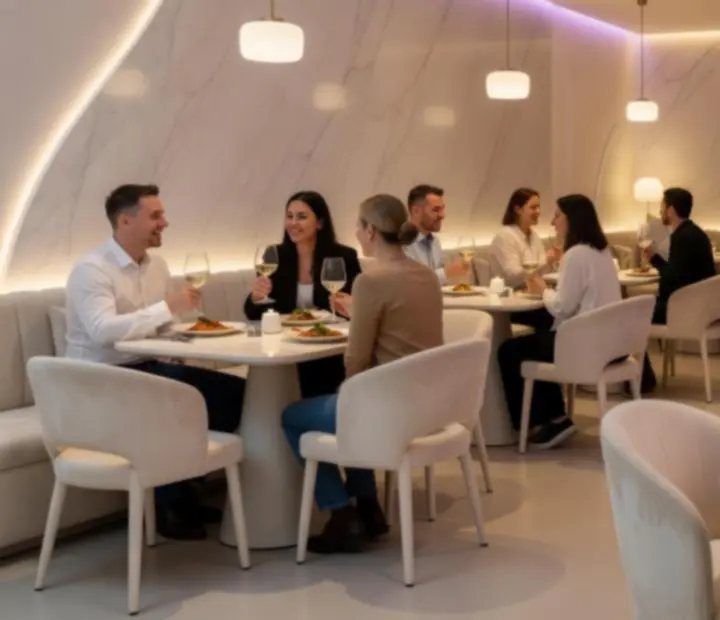 Elegáns éttermi tér esti megvilágításban, baráti társaságokkal az asztaloknál a Distriict24-ben.