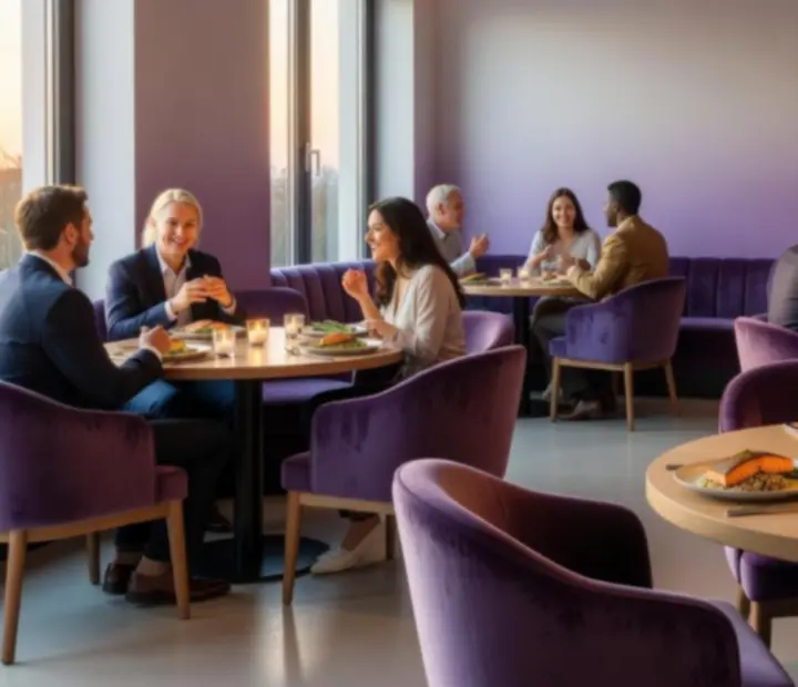 Lounge hangulatú éttermi belső tér gyertyafényes asztalokkal és elegáns dekorral a Distriict24-ben